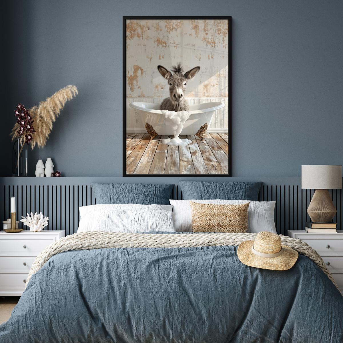 POSTER MIT RAHMEN Esel - Tiere - Badewanne - Schaumstoff Bilderleiste 80x120 cm - Weiß, Papier (80/120cm) - MuchoWow