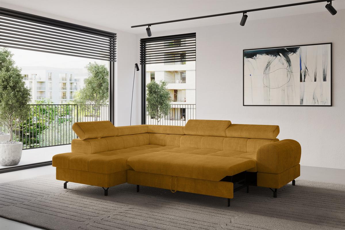 ECKSOFA mit Schlaffunktion Ottomane Links LUMA-L 272x203x70 Senfgelb Cord - Schwarz/Honig, Holzwerkstoff/Kunststoff (272/203cm) - ALTDECOR