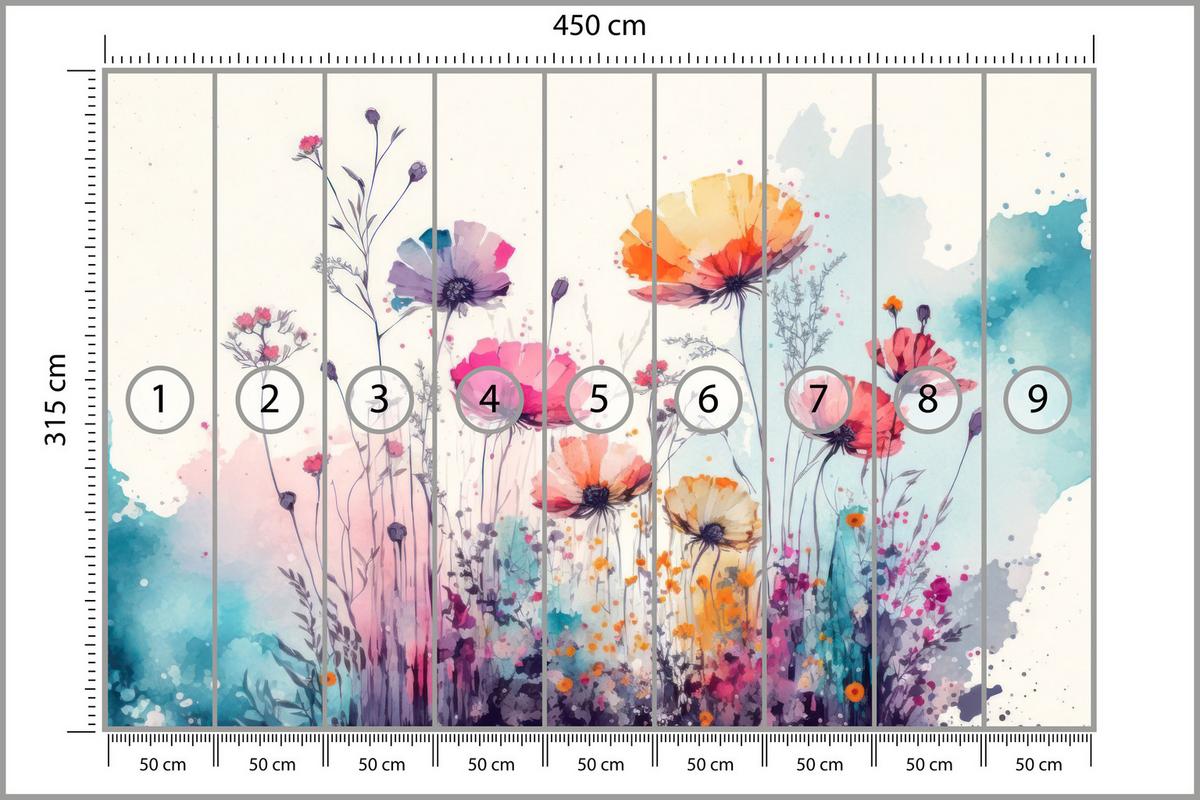 FOTOTAPETE für Schlafzimmer Abstrakte Bunte Wiesenblumen Aquarell 450x315 - Türkis/Rot, Papier (450/315cm) - Muralo