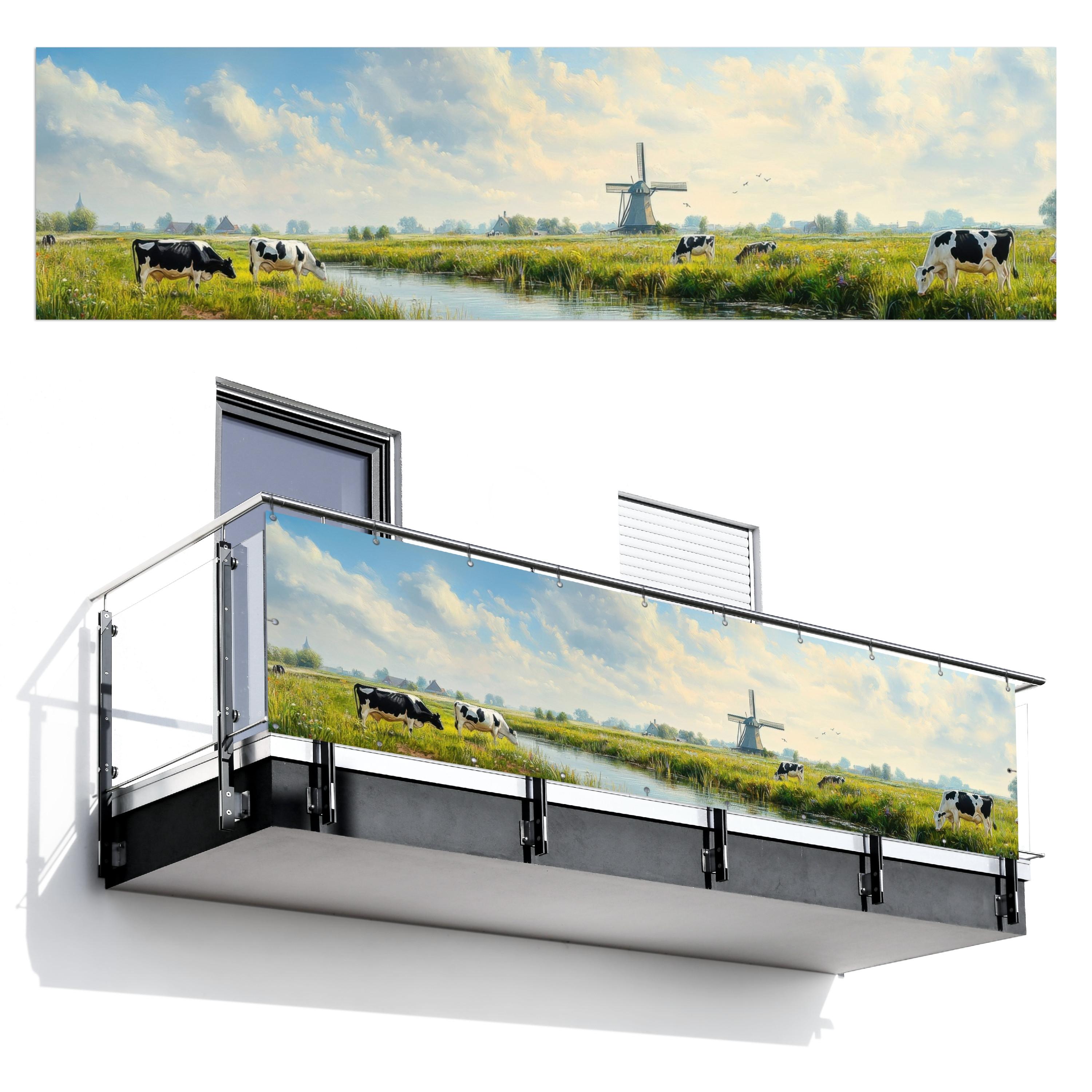 BALKON-SICHTSCHUTZ Kühe - Windmühle - Wiese - Blau Witterungsbeständig 300x80 cm - Grün, Kunststoff (300/80cm) - MuchoWow