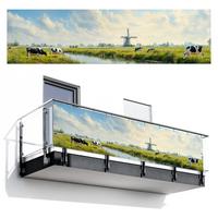BALKON-SICHTSCHUTZ Kühe - Windmühle - Wiese - Blau Witterungsbeständig 300x80 cm - Grün, Kunststoff (300/80cm) - MuchoWow