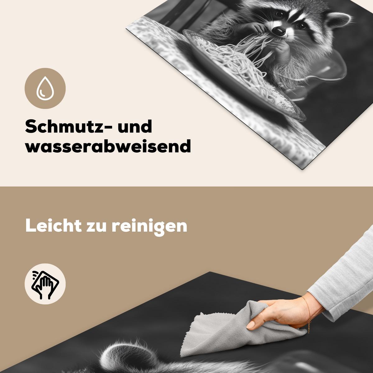 HERDABDECKPLATTE Waschbär - Niedlich - Pasta - Tischtuch - Schwarz - Weiß Induktionsmatte 71x52 cm - Grau, Kunststoff (71/52/0.2cm) - MuchoWow