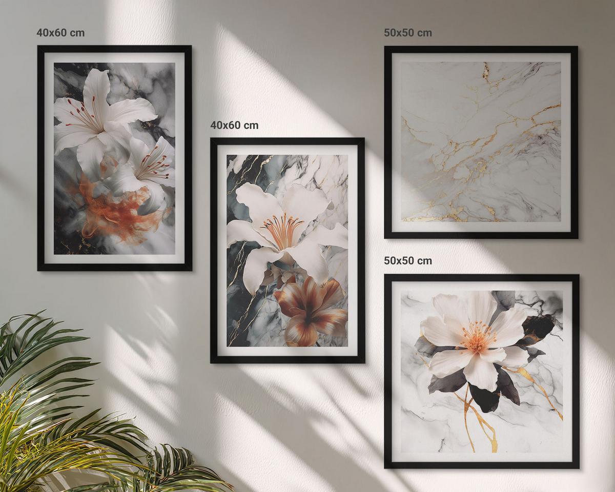 BILDER SET 4er Set - 50x50 cm & 40x60 cm Schwarzer Rahmen - Blumen Marmor weiß schwarz - Schwarz, Kunststoff (50/50cm) - TULUP