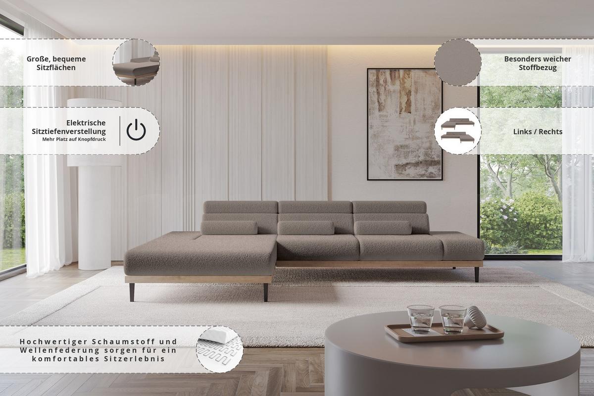 ELEKTRISCHES ECKSOFA Links MONA 316x205x85 Braun Bouclé - Dunkelbraun/Braun, Holzwerkstoff/Textil (316/205cm) - ALTDECOR