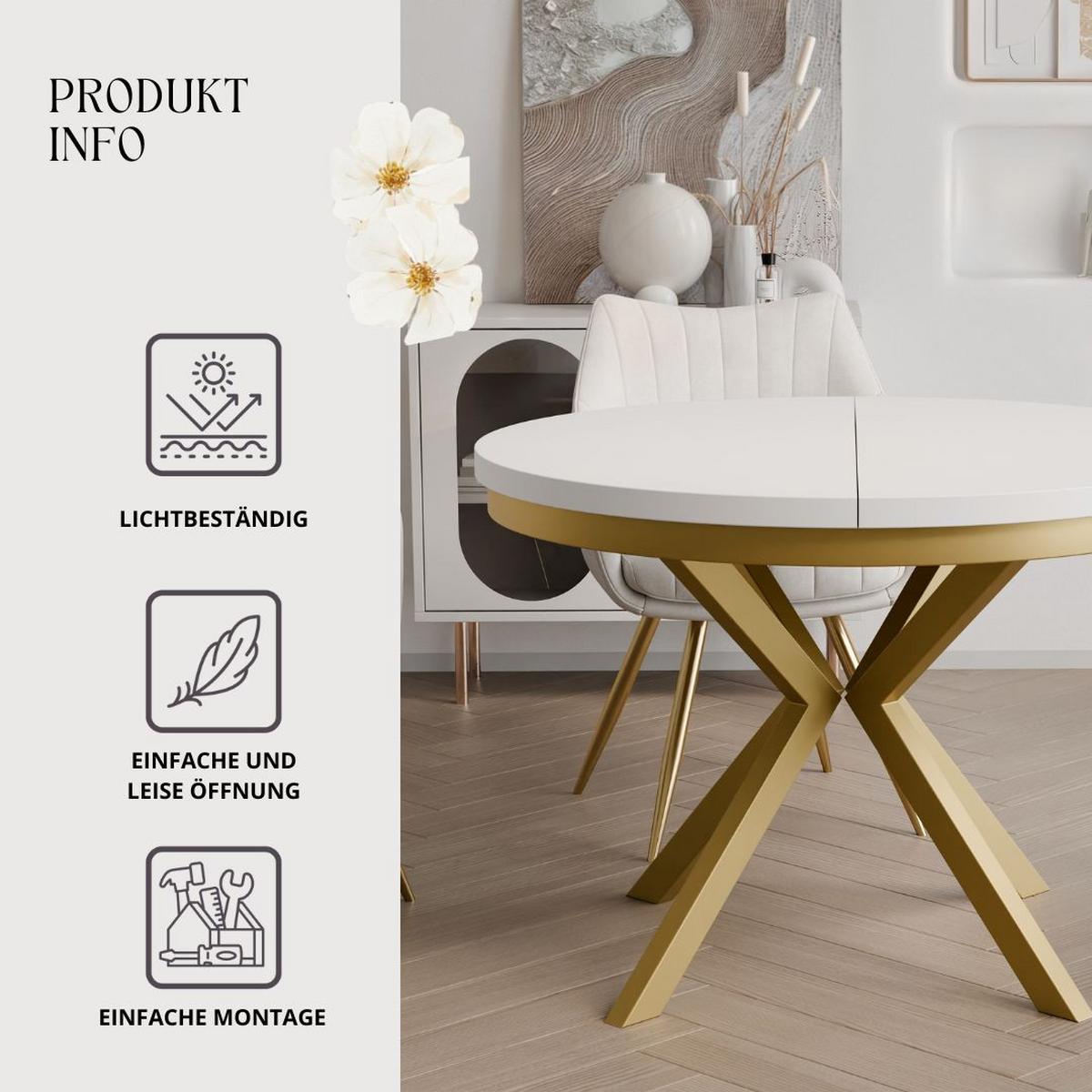 AUSZIEHTISCH MILTON 90-166/76 cm mit Metallgestell und Zarge, Gold / Arktisweiß - Goldfarben/Weiß, Holzwerkstoff/Metall (90/90/76cm) - Idohome