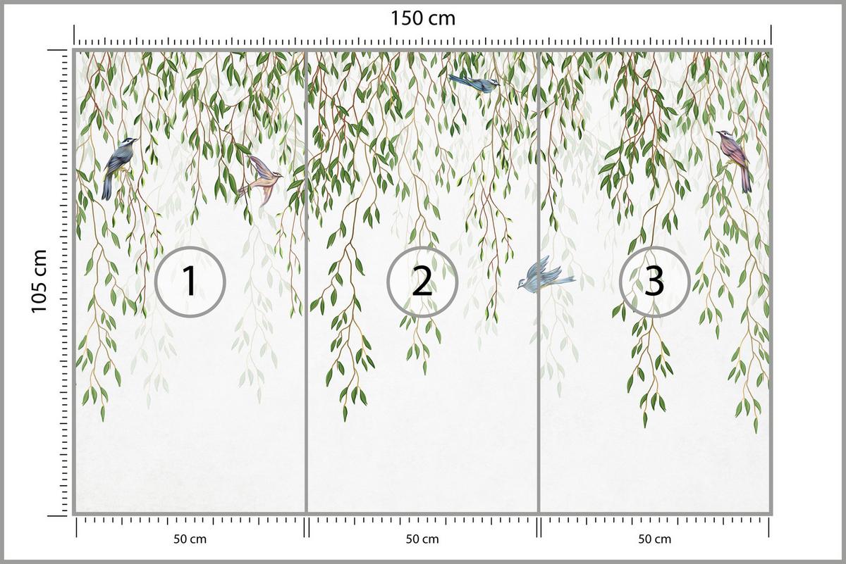 FOTOTAPETE für Schlafzimmer Trauerweide Äste Vögel Frühling Blätter 150x105 - Blau/Beige, Papier (150/105cm) - Muralo