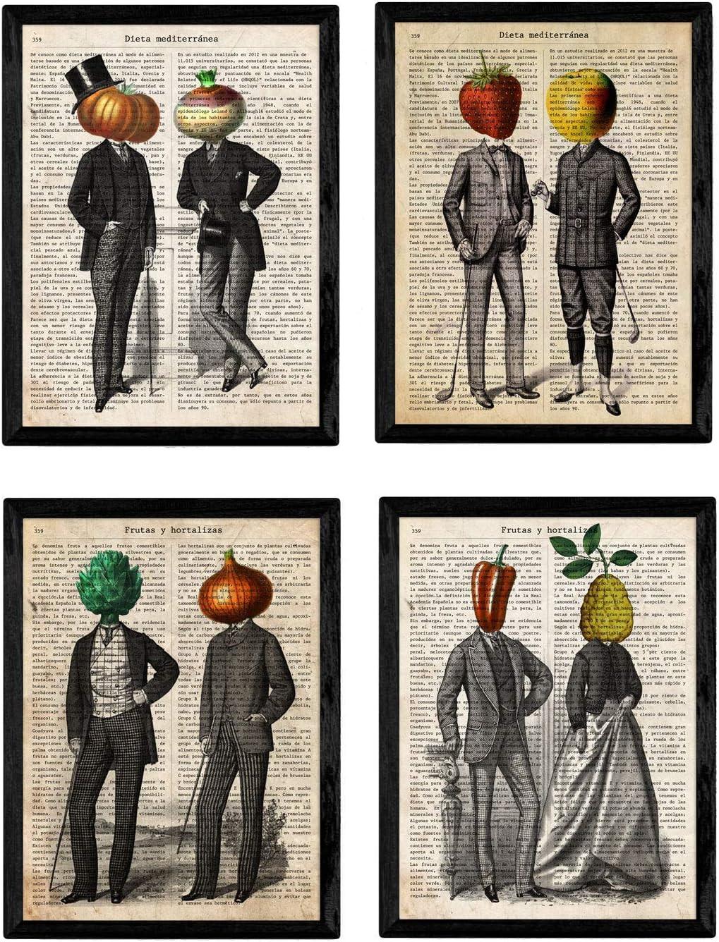 POSTER Set mit 4 Blättern Obst und Gemüse Modell 1 A4 Schwarzer Rahmen - Schwarz, Papier (29.7/3cm) - Nacnic