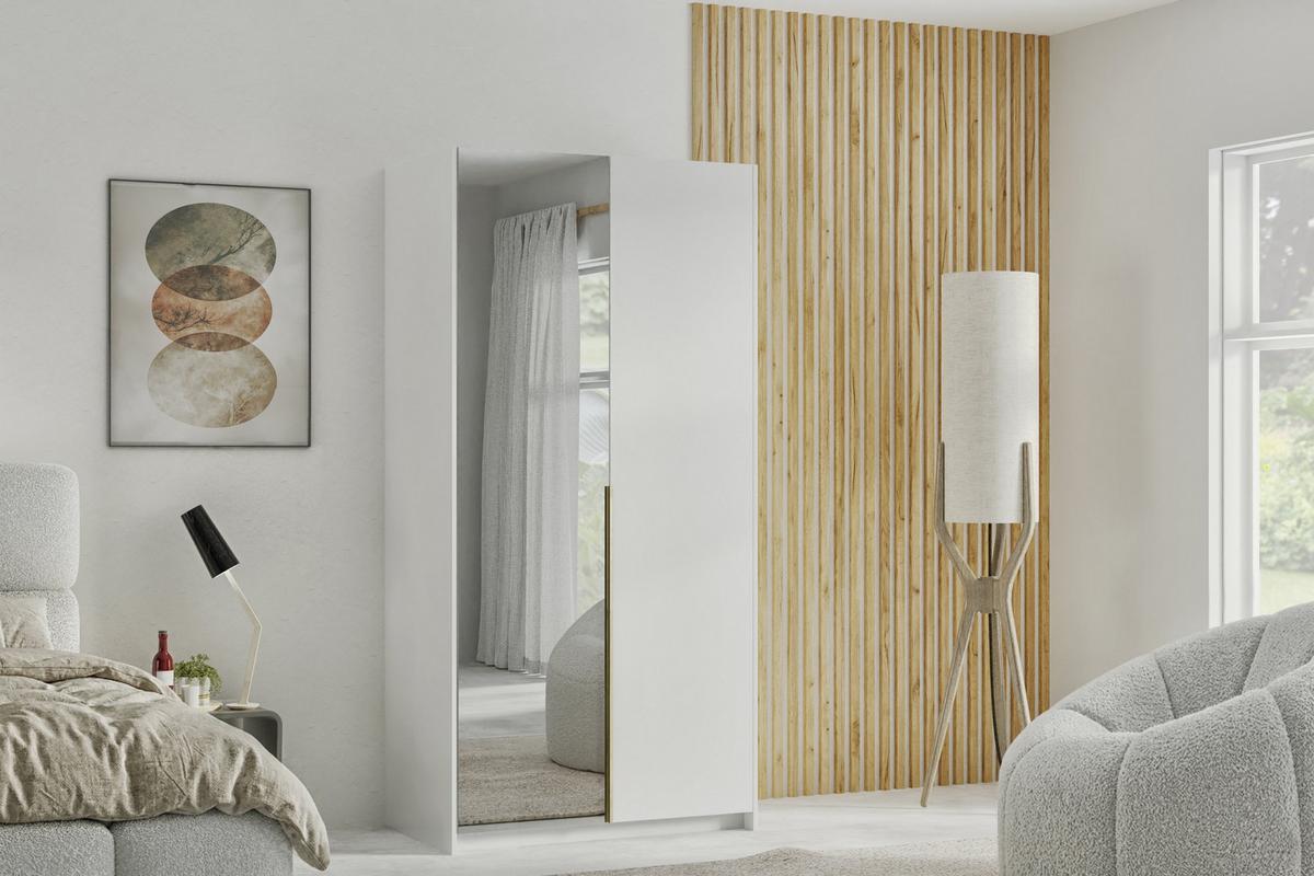 DREHTÜRENSCHRANK THALIA 100/204/58cm 2-türig mit Spiegel Weiß - Weiß, Holzwerkstoff (100/204/58cm) - MASSENO