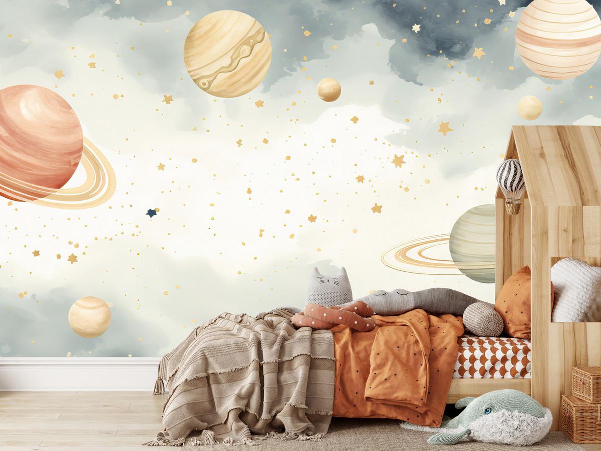 FOTOTAPETE für Kinderzimmer Pastell Planeten Saturn Uran Sterne 100x70 - Blau/Ecru, Papier (100/70cm) - Muralo