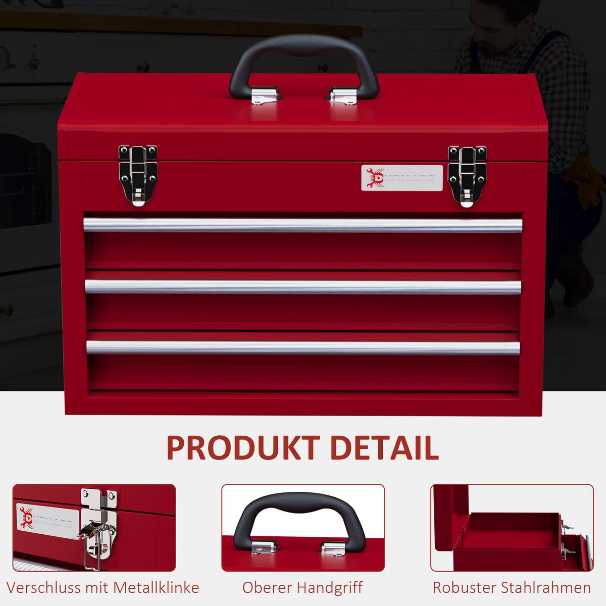 WERKZEUGKOFFER leer, 51 x 22 x 32 cm Werkzeugkasten mit 3 Schubladen Rot - Rot, Metall (22/32/51cm) - DURHAND