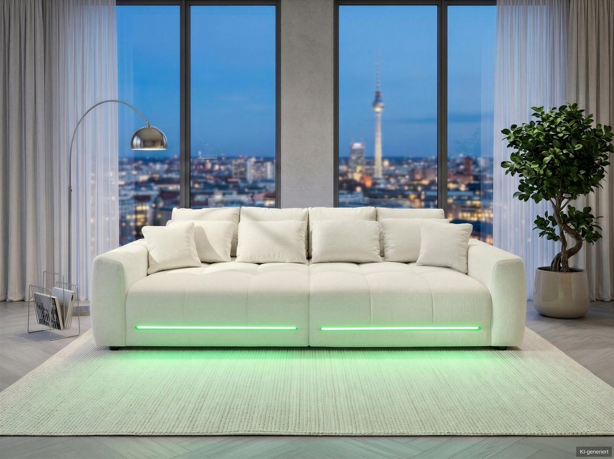 BIG-SOFA Federkern B294/T136/H86 cm, RGB-LED-Beleuchtung mit Fernbedienung, Chenille-Bezug in Beige / 15418 - Beige/Schwarz, Kunststoff/Textil (294/86/136cm) - luma-home