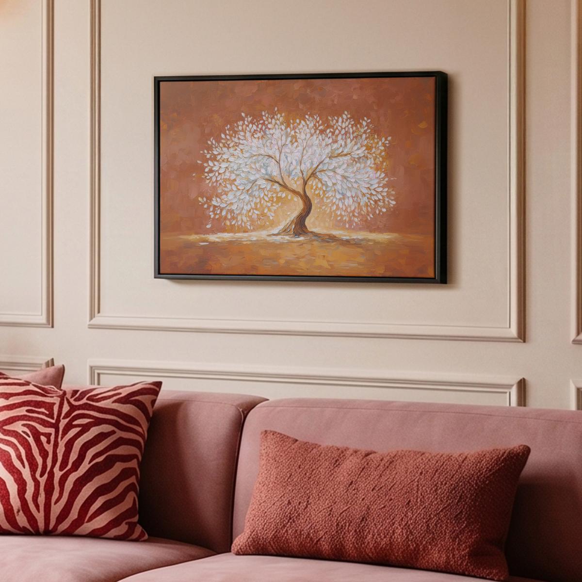 LEINWAND Bilder mit Rahmen - Abstrakt - Baum - Weiß - Blätter - 60x40 - Braun, Textil (60/40cm) - MuchoWow