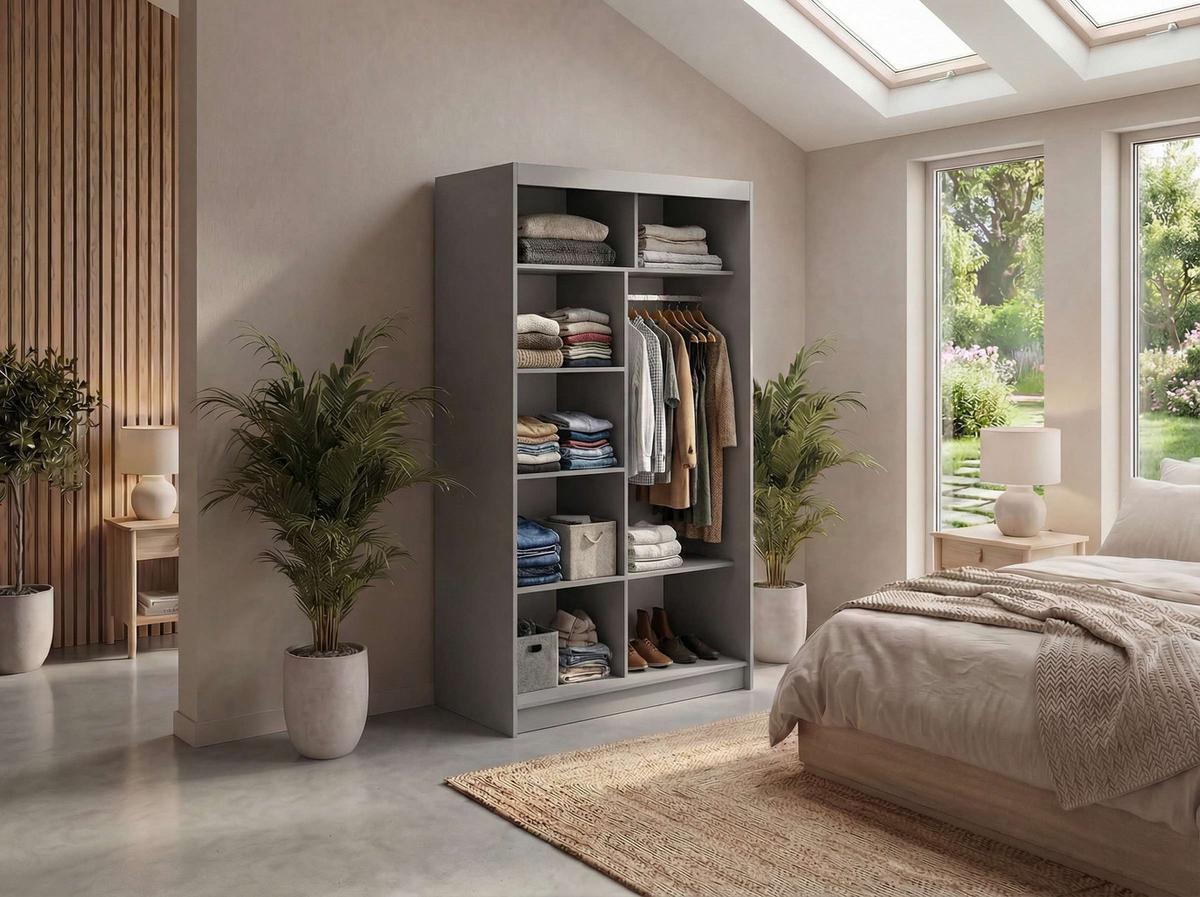 SCHWEBETÜRENSCHRANK mit Spiegel - WALENCJA - 120 - Grau lacobel - Alufarben/Grau, Holzwerkstoff/Metall (120/216/61cm) - MKS