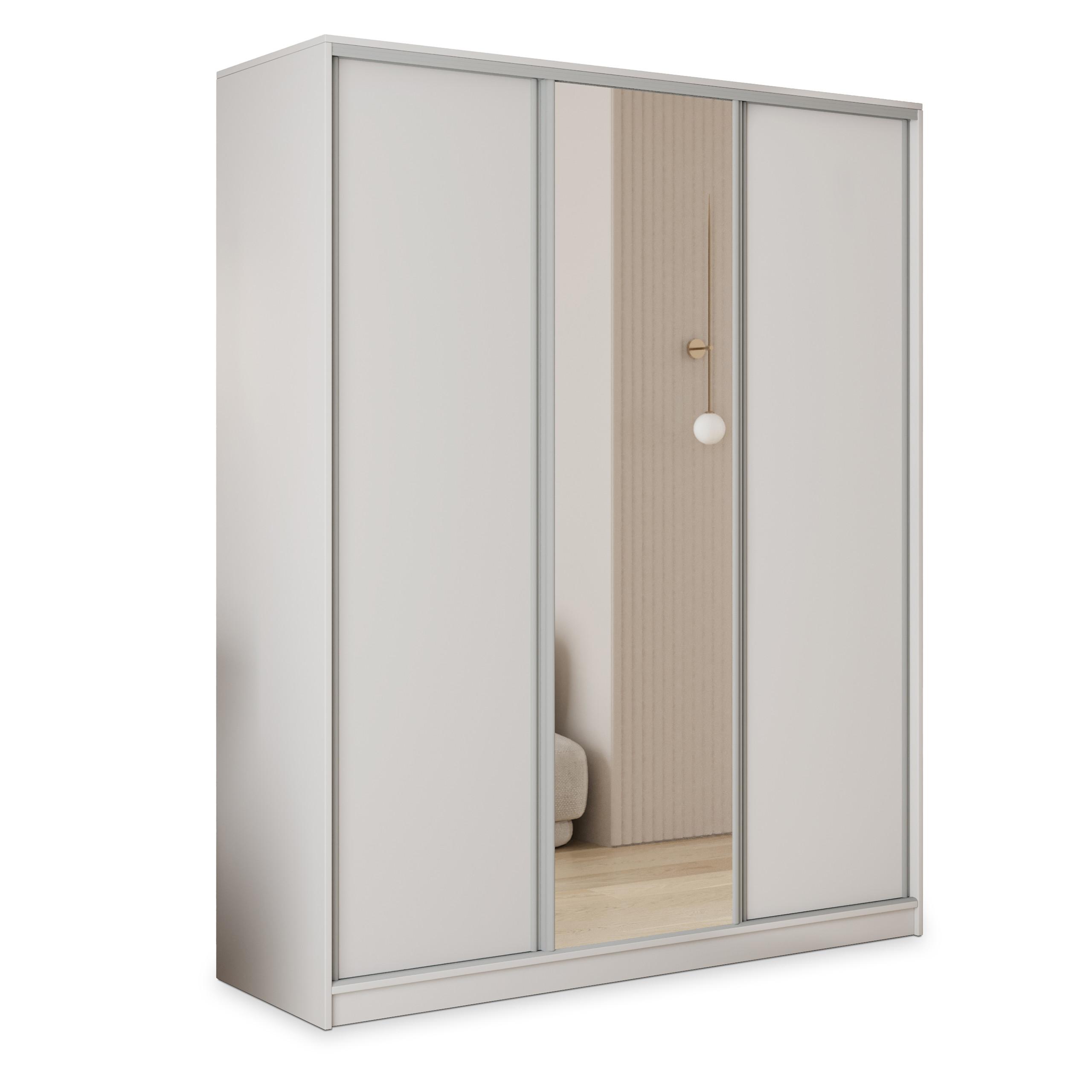 SCHWEBETÜRENSCHRANK TARI 150/205/58 cm 3-türig mit Spiegel und Schubladen Weiß - Silberfarben/Weiß, Holzwerkstoff (150/205/58cm) - MASSENO
