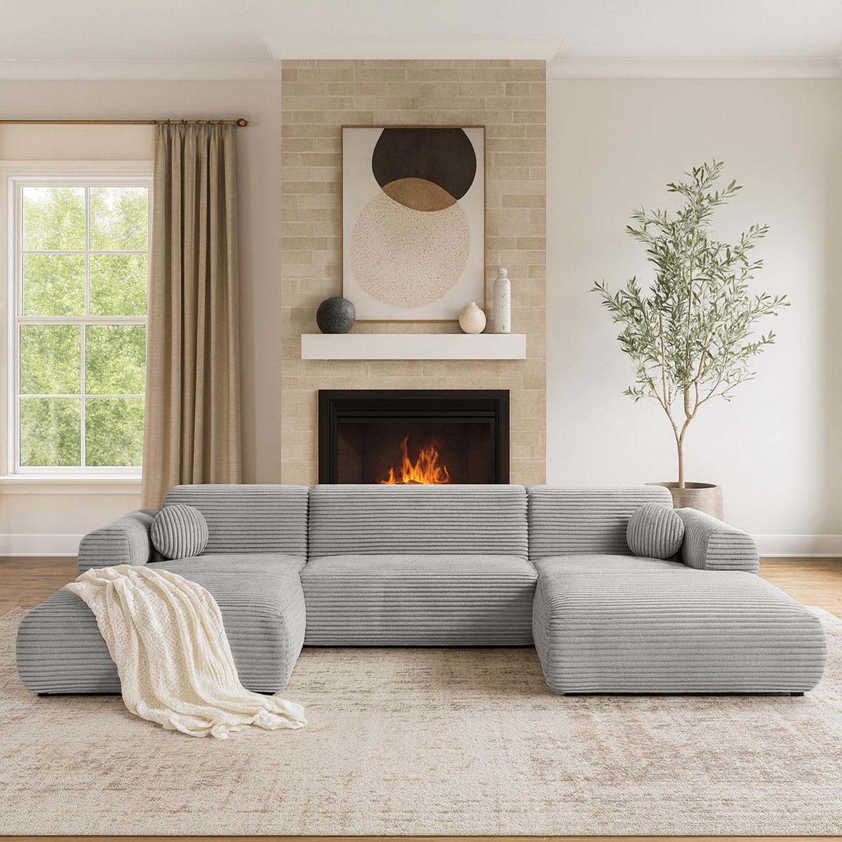WOHNLANDSCHAFT Puerto U ohne Schlaffunktion, Hellgrau, Cordstoff - Hellgrau/Schwarz, Holzwerkstoff (363/76/170cm) - Beautysofa