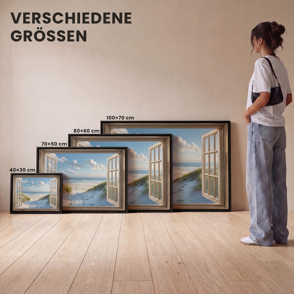 LEINWAND Bilder mit Rahmen - Aussicht - Strand - Fenster - Dünen - Meer - 100x70 - Hellblau, Textil (100/70cm) - MuchoWow