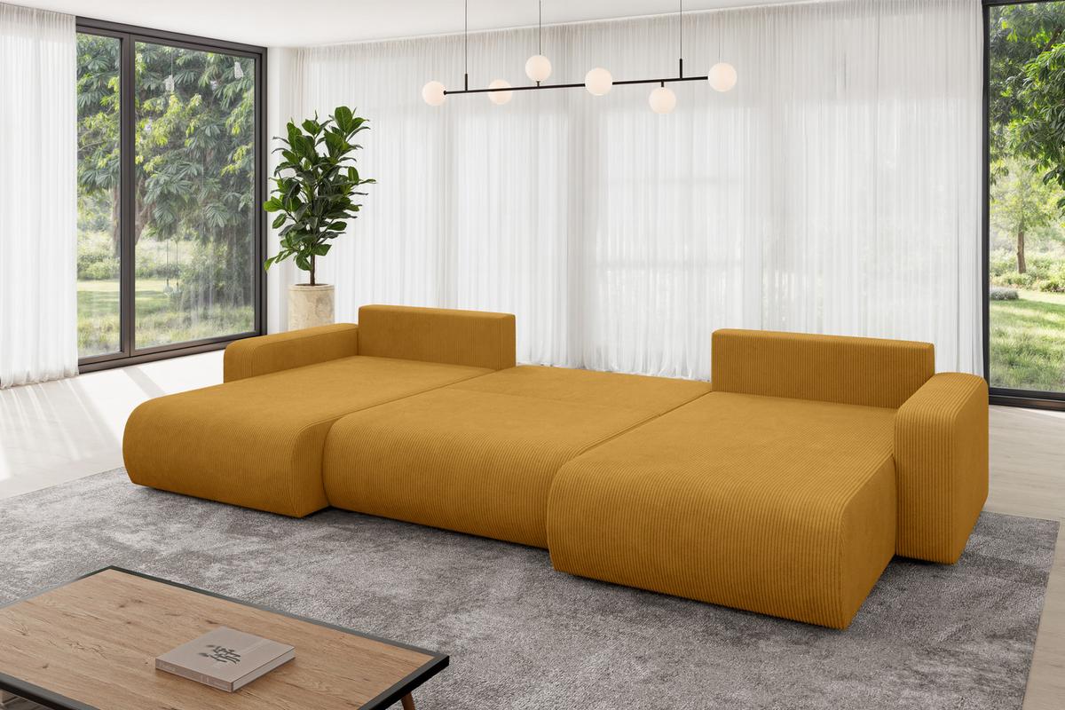WOHNLANDSCHAFT mit Schlaffunktion und Bettkasten BERY-U 377x193x88 Senfgelb Cord - Dunkelgelb/Schwarz, Holzwerkstoff/Kunststoff (377/88/193cm) - ALTDECOR