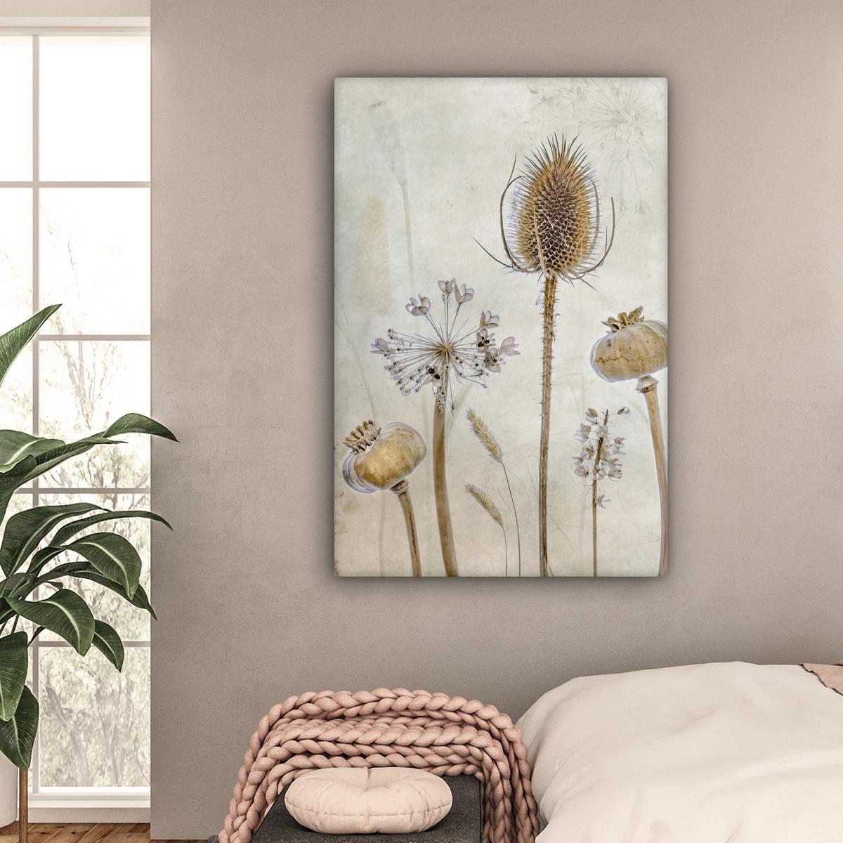 LEINWANDBILD Blumen - Aquarell - Stilleben - Braun - Vintage Deko XXL 80x120 cm - Beige, Textil (80/120cm) - MuchoWow