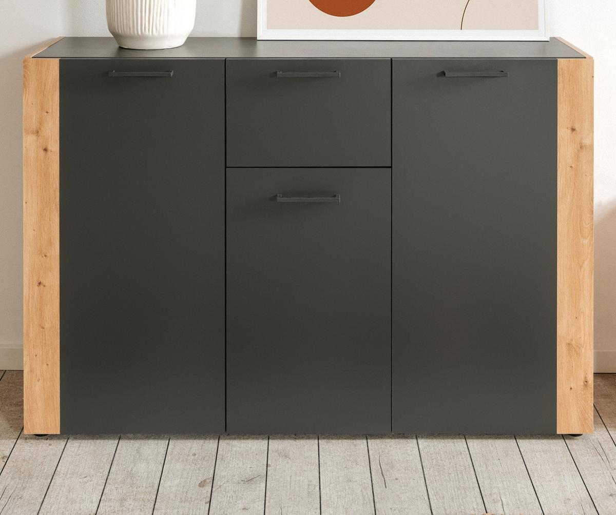 SIDEBOARD grau, Artisan Eiche 126 x 85 cm, Kommode 3-türig - Anthrazit/Schwarz, Holzwerkstoff/Kunststoff (125.5/85/34.5cm) - Furn.Design