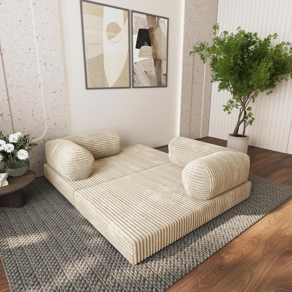 ECKSOFA ETERA modulares Boneless Sofa mit Schlaffunktion Creme Cordstoff - Creme, Textil (270/160cm) - MASSENO