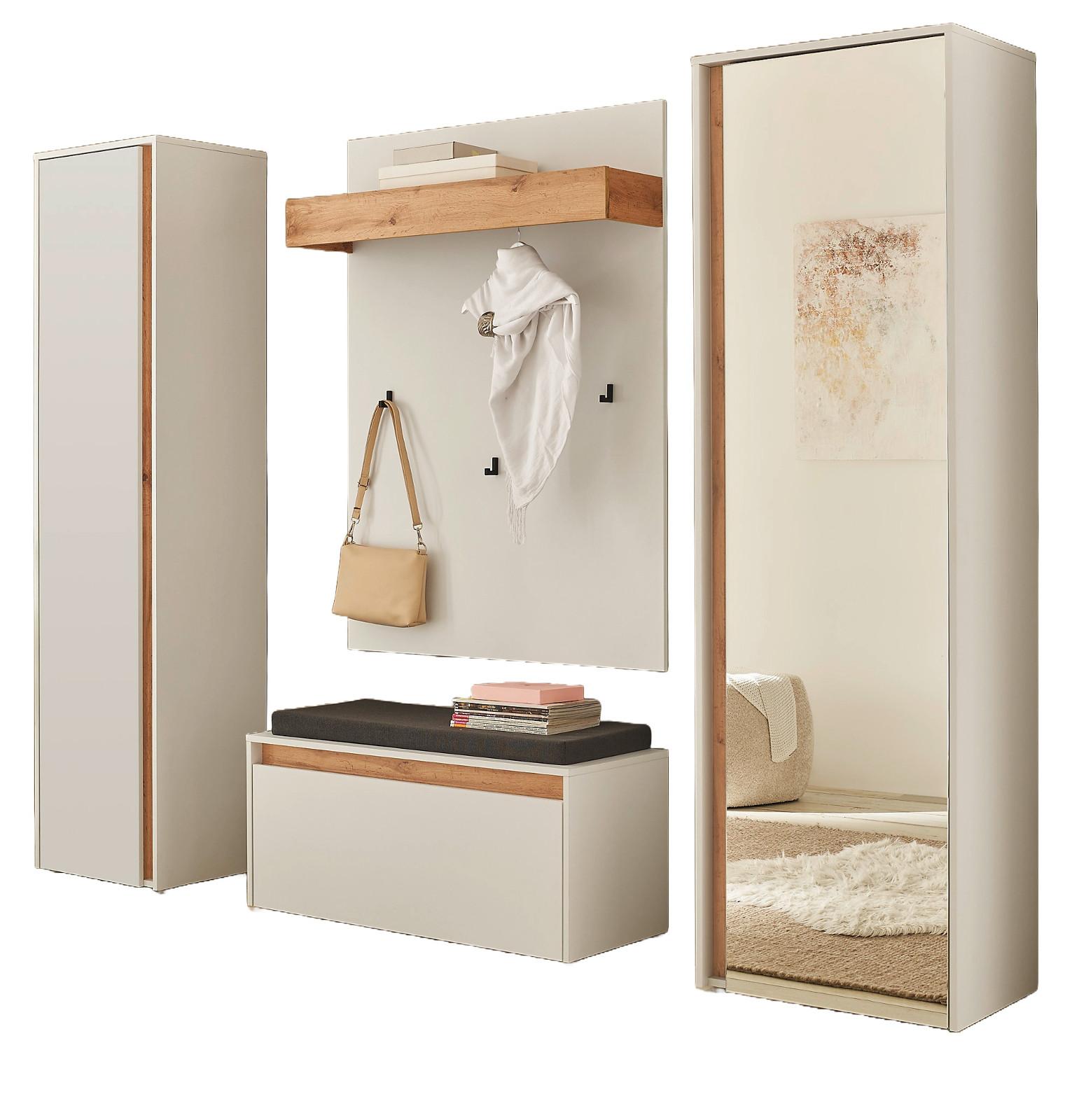 GARDEROBEN-SET 5-teilig weiß, Eiche Wotan 230 cm, Flurgarderobe mit 17 Fächer, inkl. Sitzkissen - Eiche Wotan/Schwarz, Glas/Holzwerkstoff (230/200/40cm) - Furn.Design