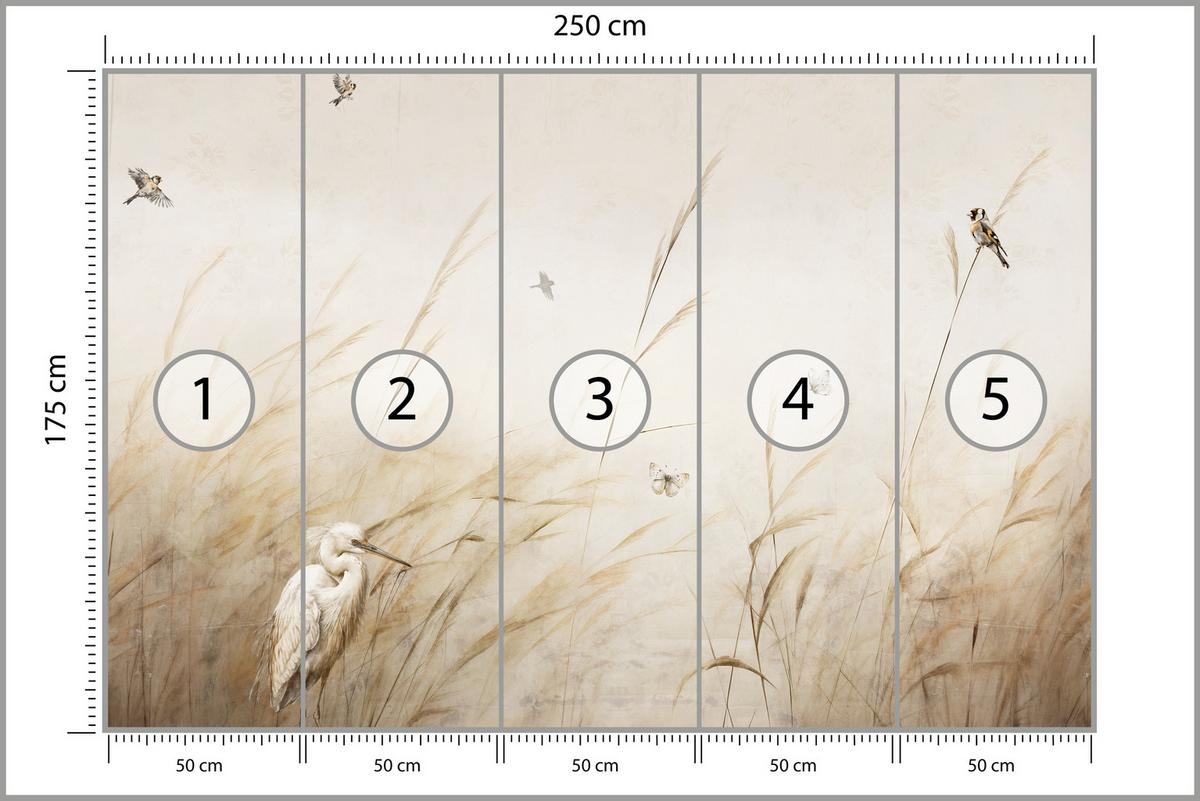 FOTOTAPETE für Schlafzimmer Vögel Storch Hohe Gräser Aquarell 250x175 - Beige/Gelb, Papier (250/175cm) - Muralo