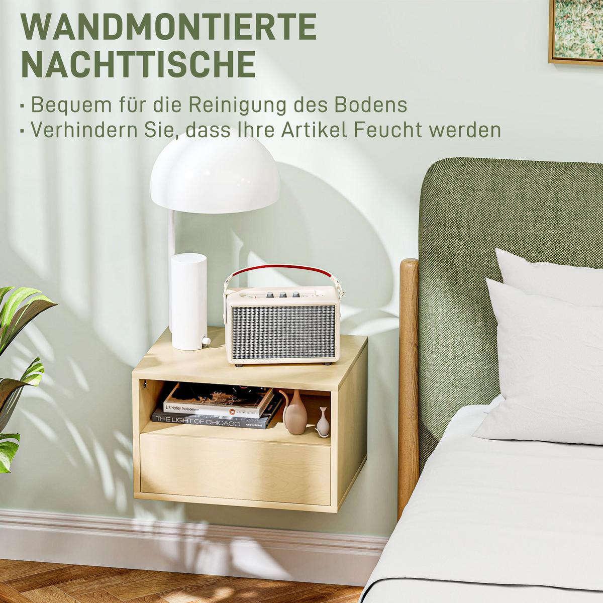 2ER Set Nachttisch hängend Schwebender Nachtschrank mit Schublade, offenes Regal - Naturfarben, Holzwerkstoff (35/27.5/45cm) - HOMCOM