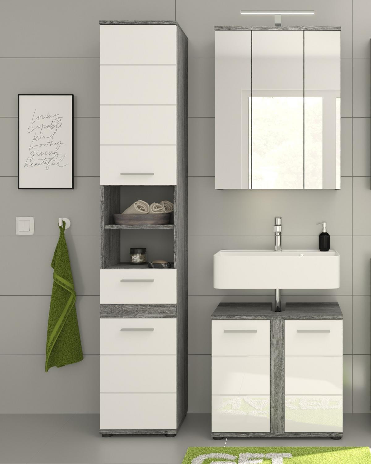 WASCHBECKENUNTERSCHRANK weiß Hochglanz, grau 60 cm, Badezimmer Unterschrank 2-türig - Weiß Hochglanz/Silberfarben, Holzwerkstoff/Kunststoff (60/57/34cm) - Inn.Furn
