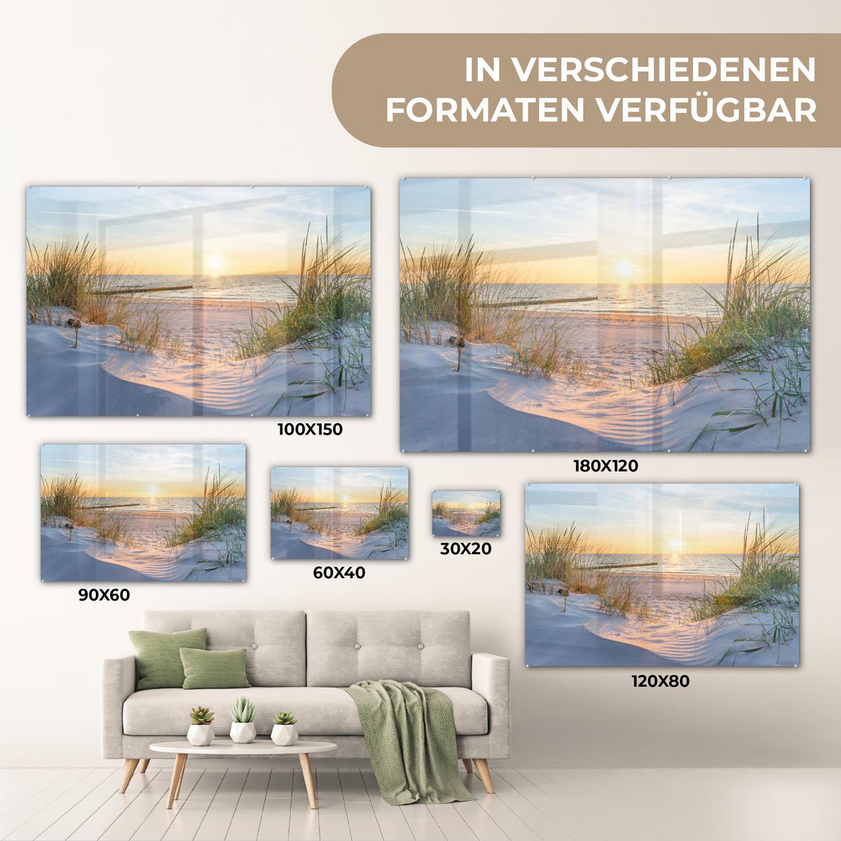 ACRYLGLASBILD Strand - Sonne - Düne - Gras - Sand - Horizont Wandbild Schlafzimmer 120x80 cm - Hellblau, Glas (120/80cm) - MuchoWow