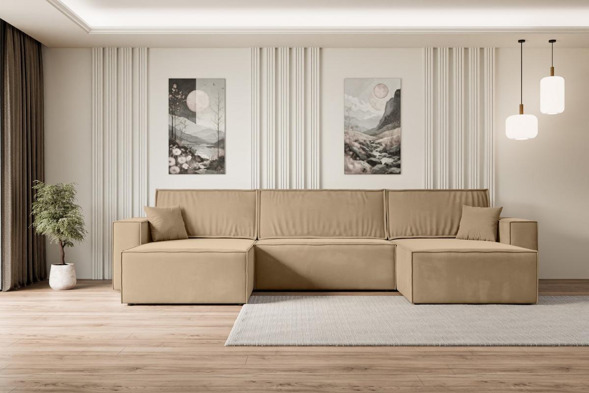 WOHNLANDSCHAFT mit Schlaffunktion und Bettkasten CELTIC-XLU - 377x143x83 cm Beige Velours - Beige/Schwarz, Holzwerkstoff/Kunststoff (377/83/143cm) - ALTDECOR