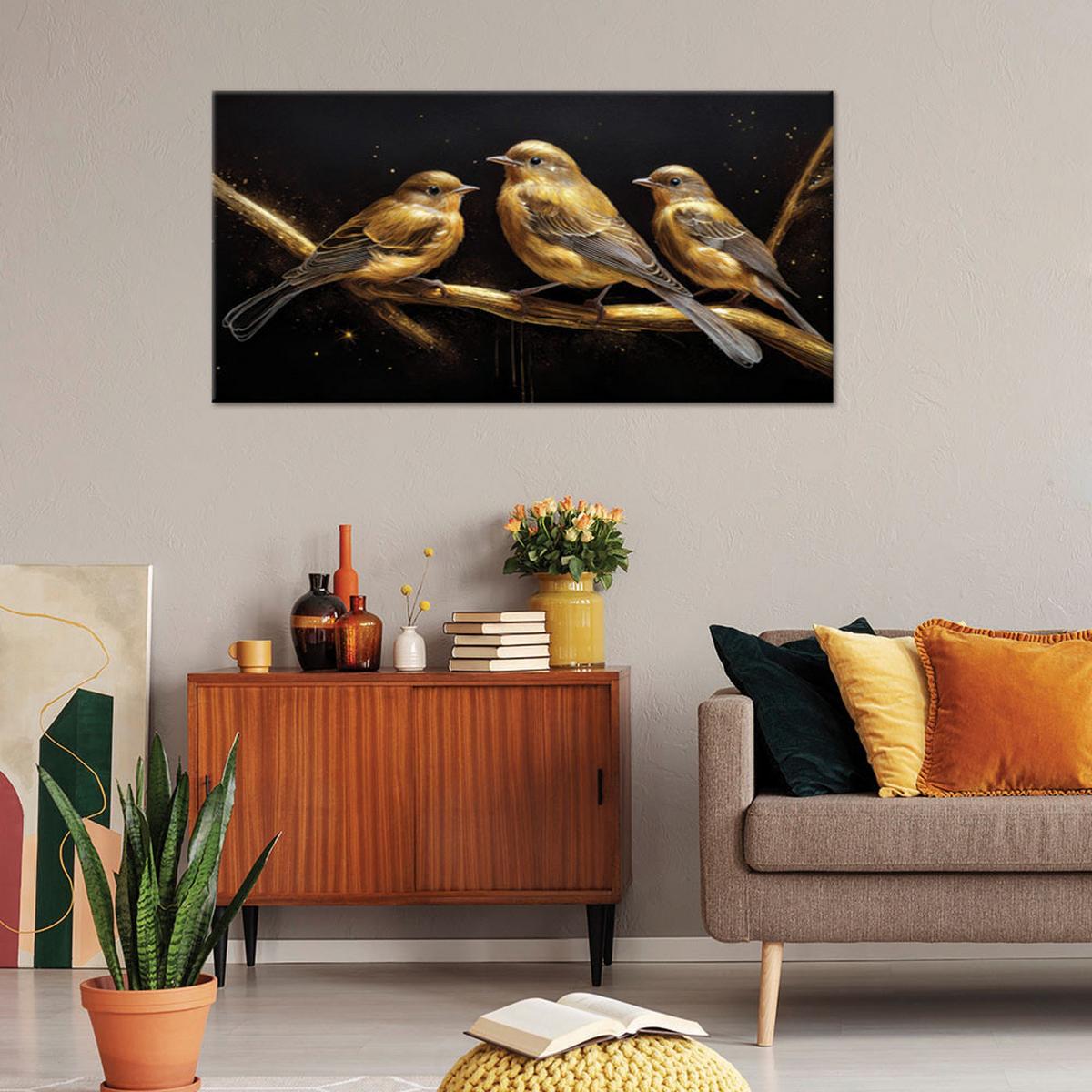 LEINWANDBILD Vögel Tiere Gold 120x60cm - Goldfarben, Textil (120/60cm) - Feeby