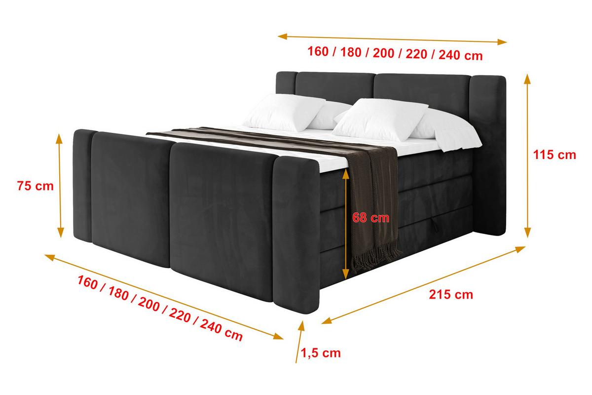 BOXSPRINGBETT mit Matratze H3/H4 - EVON KING Zanozek - 180x200 cm Schwarz - Schwarz, Holzwerkstoff (180/200cm) - ALTDECOR