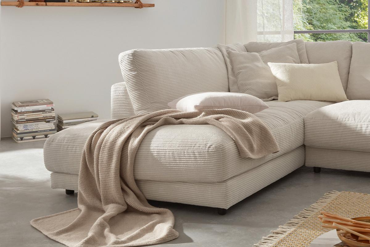 ECKSOFA MADELINE Cremeweiß Cord - Creme/Schwarz, Kunststoff/Textil (325/224cm) - KAWOLA