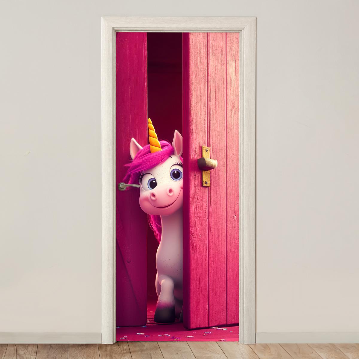 TÜRAUFKLEBER Einhorn - Rosa - Tür - Fantasie Room Decor 85x205 cm - Türtapete - Pink, Kunststoff (85/0.1cm) - MuchoWow