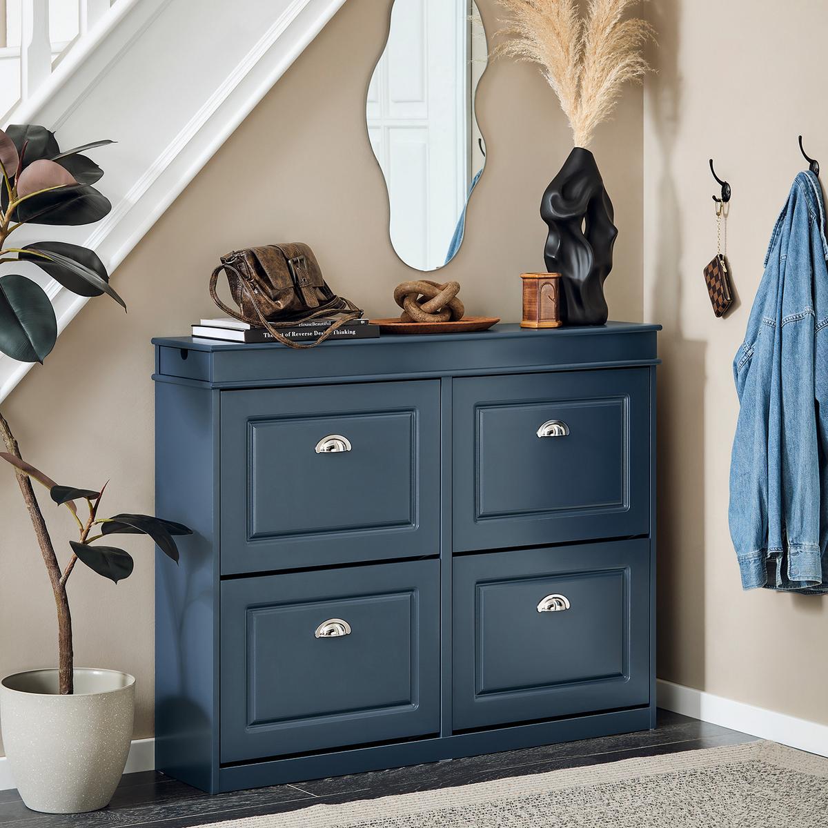 SCHUHKIPPER Blau, Schuhschrank mit 4 Klappen - Blau, Holzwerkstoff (104/83/24cm) - SoBuy