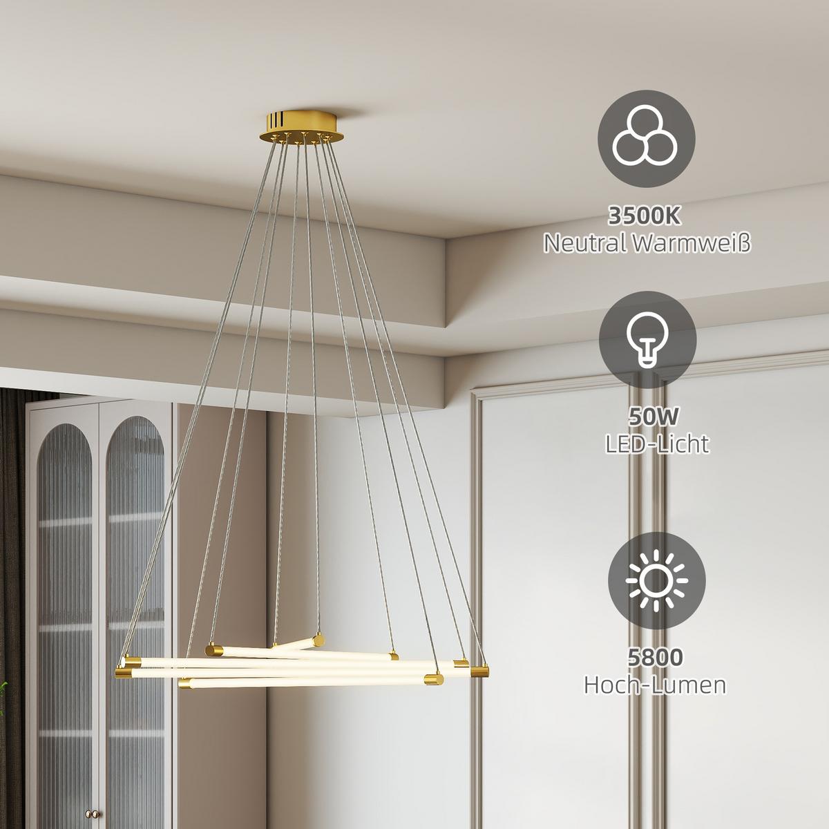 LED-DECKENLAMPE, 50W, 5 anpassbare Lichtrohre, anpassbar, Gold+Weiß - Multicolor, Metall (82/82/124cm) - HOMCOM