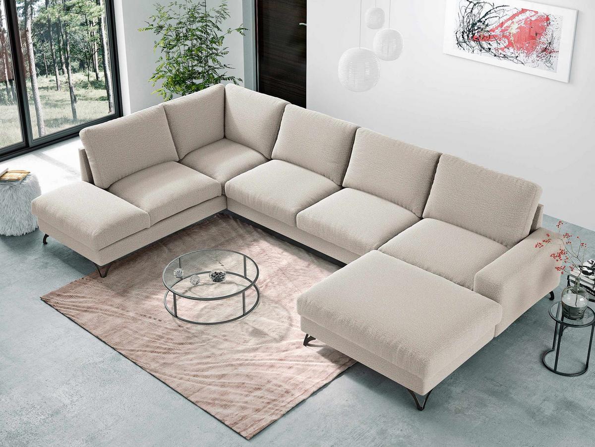 WOHNLANDSCHAFT Flavio U, Seite: Rechts - L3F+L2F+R1F - Schwarz/Naturfarben, Holz/Textil (367/91/214cm) - MIRJAN24