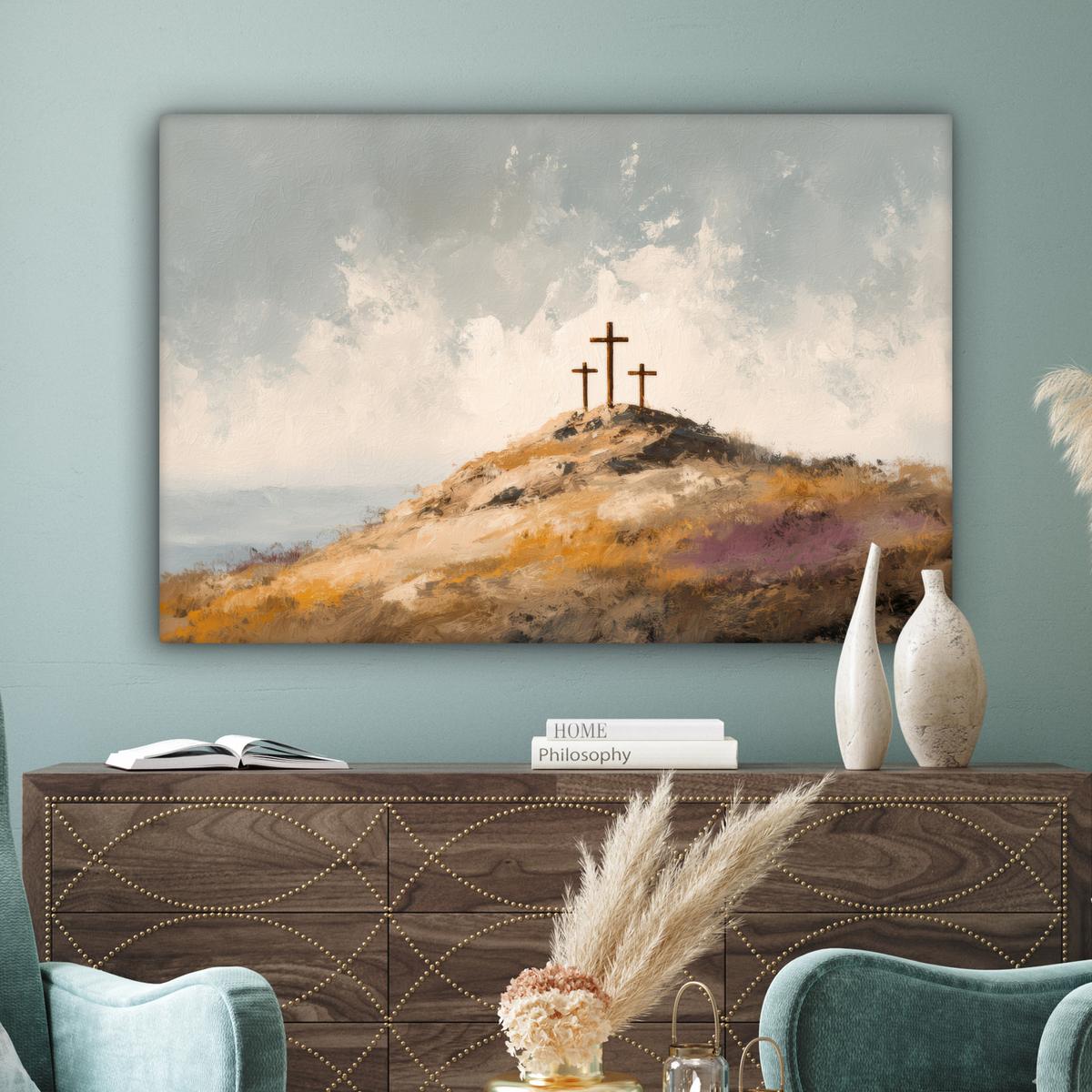 LEINWANDBILD Hügel - Abstrakt - Christentum - Kreuz Wohnzimmer Groß 120x80 cm - Hellgrau, Textil (120/80cm) - MuchoWow