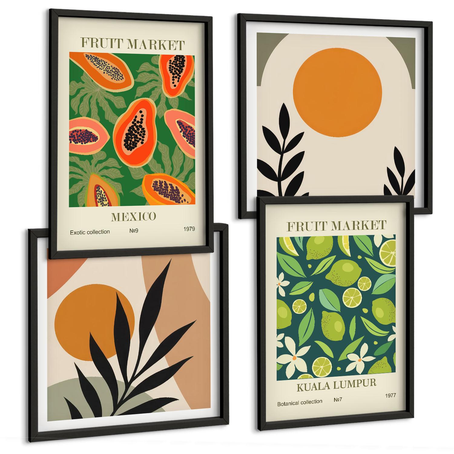BILDER SET 4er Set - 50x50 cm & 40x60 cm Schwarzer Rahmen - Boho-Papaya-Fruchtmuster - Schwarz, Kunststoff (50/50cm) - TULUP