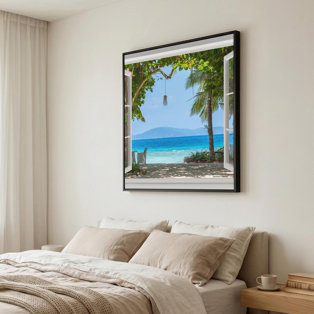 LEINWAND Bilder mit Rahmen - Aussicht - Baum - Meer - Palme - Hügel - Strand - Blau - 90x90 - Blau, Textil (90/90cm) - MuchoWow