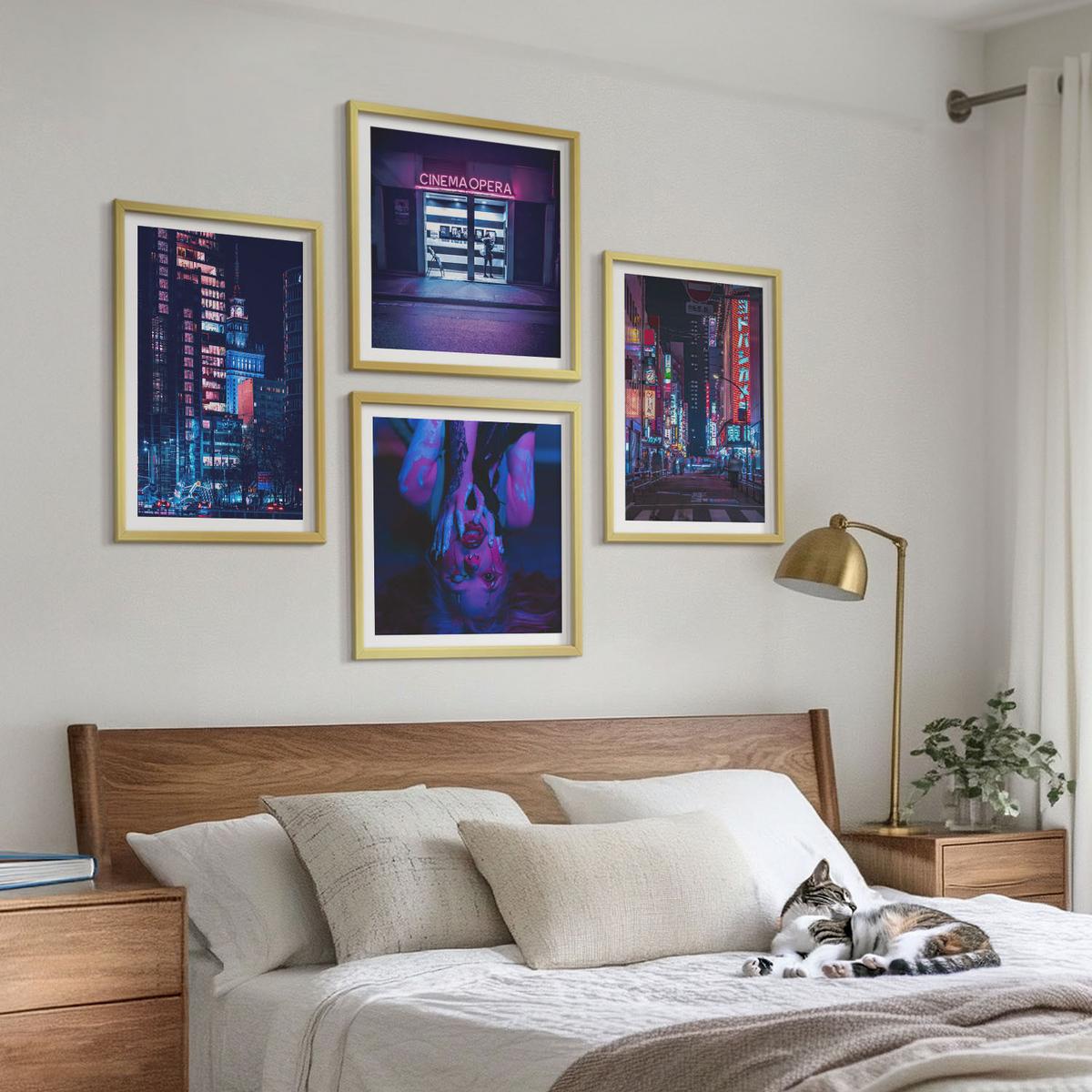BILDER SET 4er Set - 50x50 cm & 40x60 cm Goldrahmen - Nachtstadt mit Neonlichtern - Goldfarben, Kunststoff (50/50cm) - TULUP