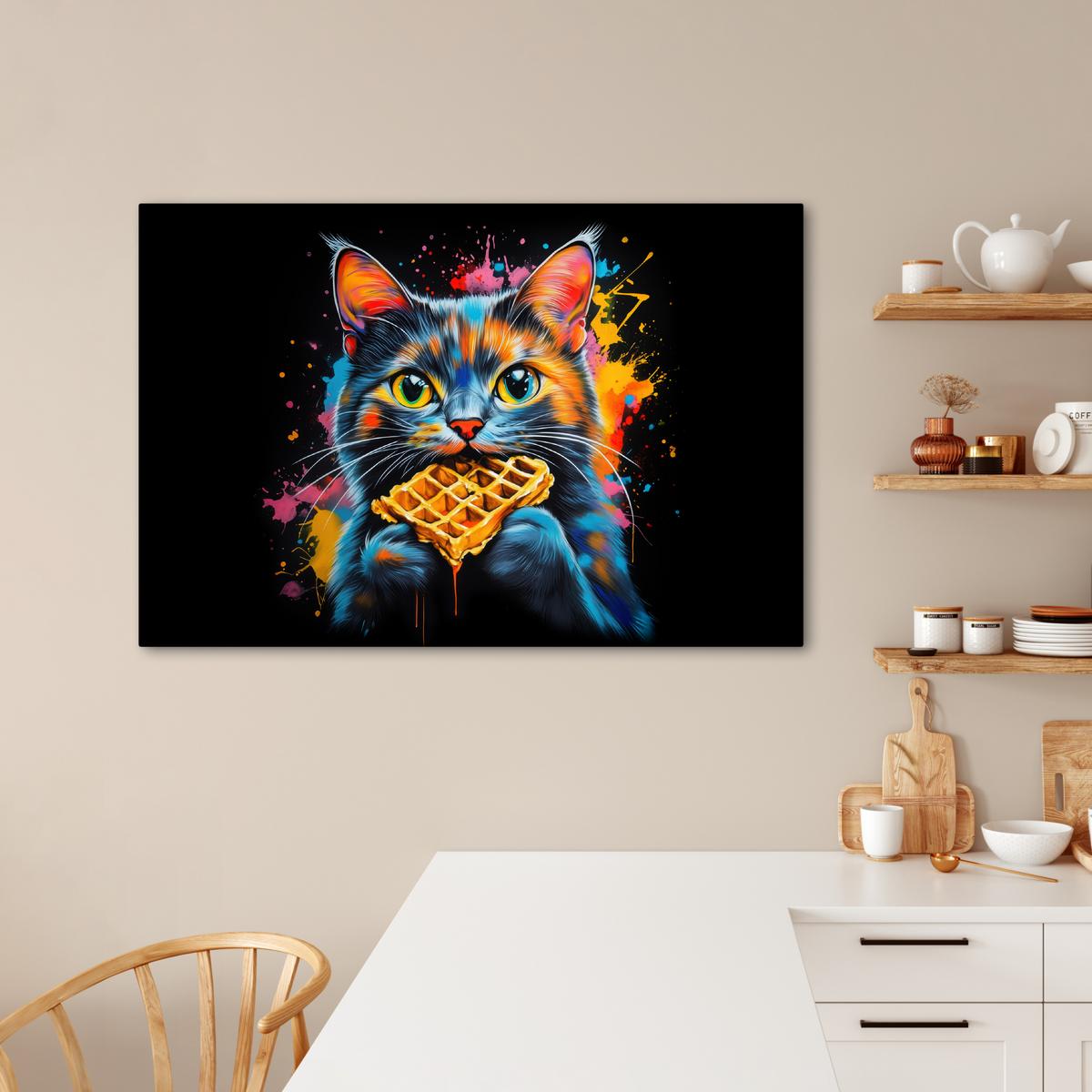 LEINWANDBILD Katze - Graffiti - Bunt - Waffel - Essen Wohnzimmer Groß 120x80 cm - Türkis, Textil (120/80cm) - MuchoWow