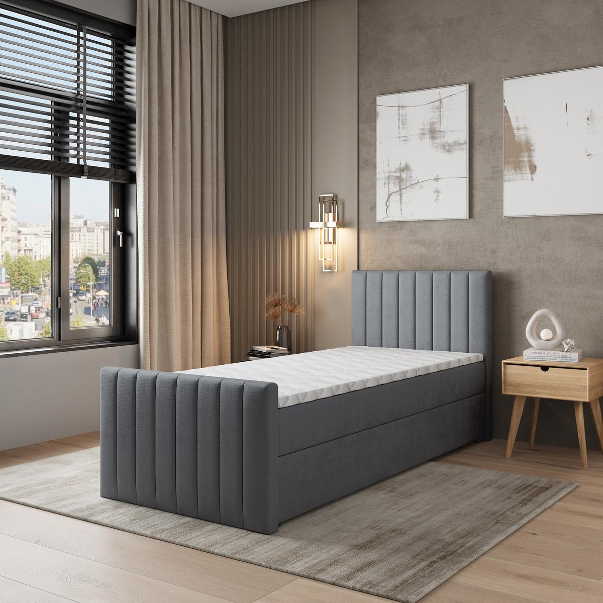 BOXBETT ARION 100 100x200 cm mit Matratze und Topper, H2+H3 - Grau - Grau, Holz (100/200cm) - MASSENO