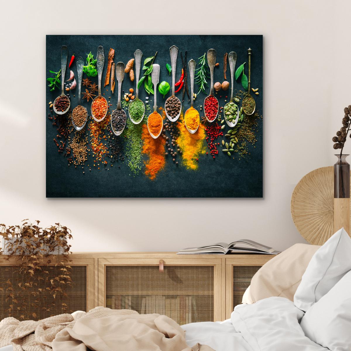 METALLBILD Kräuter - Gewürze - Löffel 80x60 cm - Currygelb, Metall (80/60cm) - MuchoWow