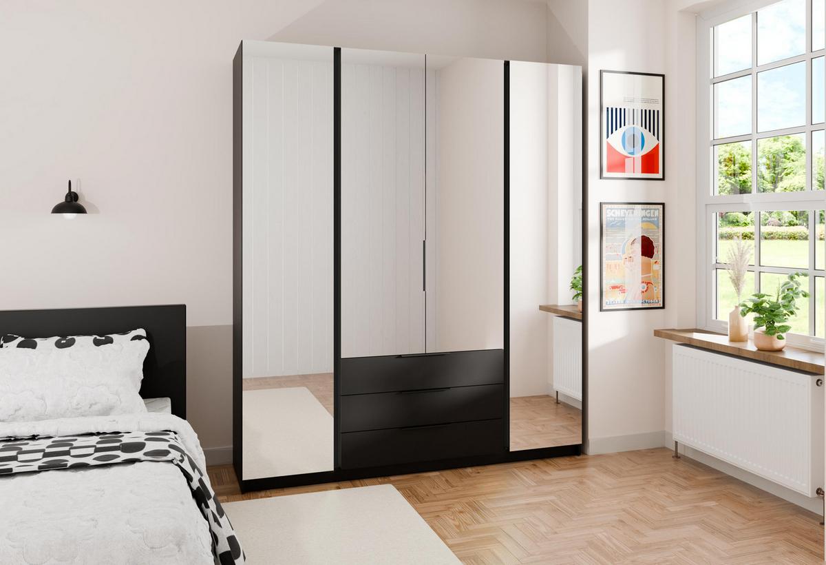 KLEIDERSCHRANK Nehir Schwarz 200 cm - 4T3S Modern mit Schubladen und 4 Spiegeln - Schwarz, Holzwerkstoff/Kunststoff (200/239/61.9cm) - AX Living
