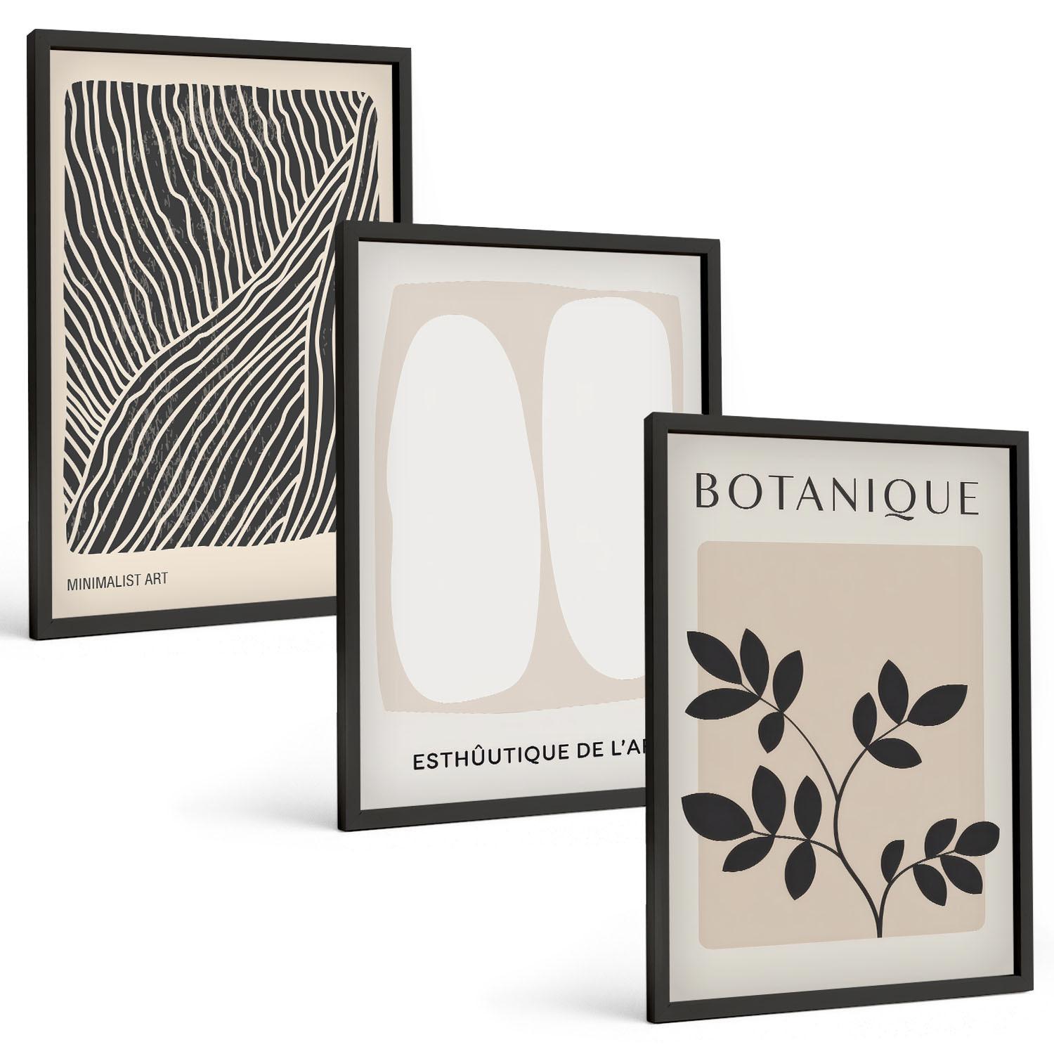 BILDER SET 3er Set - 40x60 cm Schwarzer Rahmen - Pflanzenmuster und Linien - Schwarz, Kunststoff (40/60cm) - TULUP