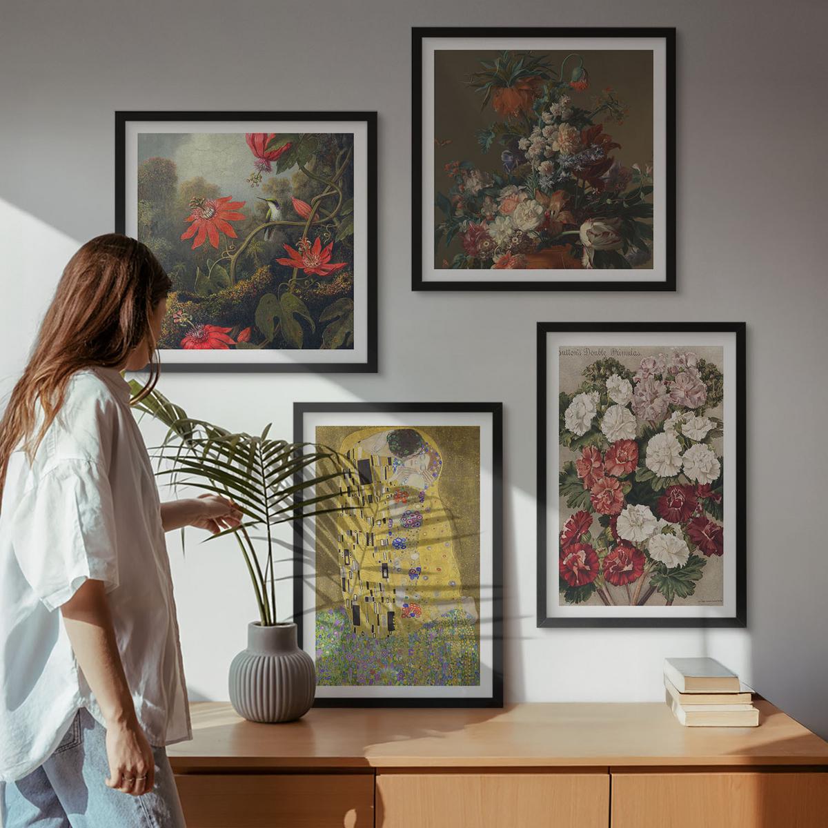 BILDER SET 4er Set - 50x50 cm & 40x60 cm Schwarzer Rahmen - Blumen des Baumes (Gemälde von Klimt) - Schwarz, Kunststoff (50/50cm) - TULUP