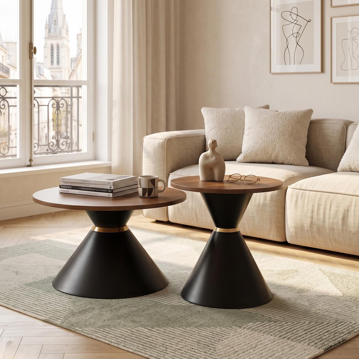COUCHTISCH-SET Walnussoptik & Metall Schwarz Konusform - Walnussfarben, Metall (70/70/42.5cm) - Urban Meuble
