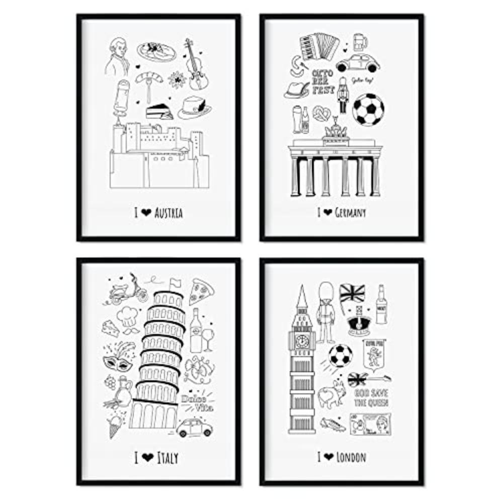 POSTER Set mit 4 Blättern Europa 1 A4 Schwarzer Rahmen - Schwarz, Papier (29.7/3cm) - Nacnic