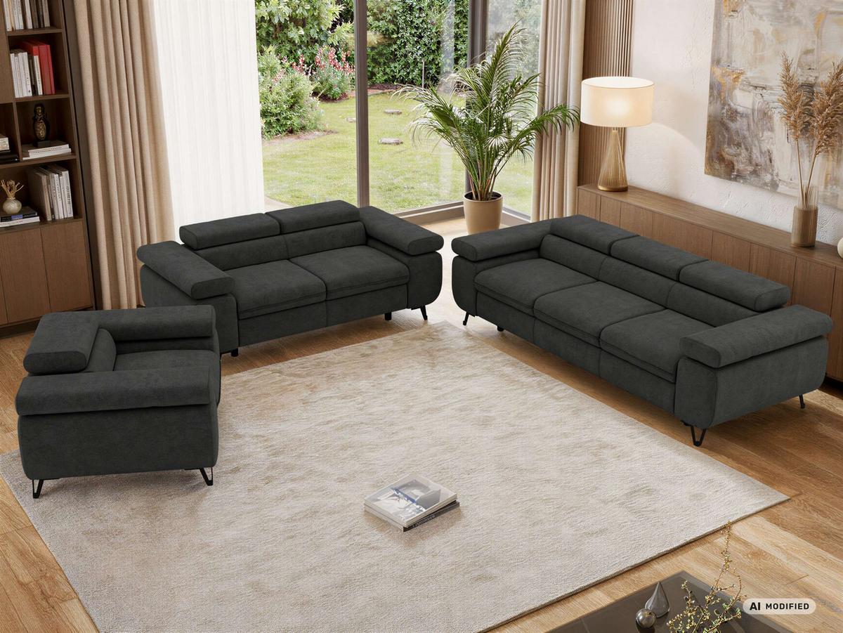 SITZGARNITUR PETER 1+2+3 - Dunkelgrau Stukture - Dunkelgrau/Graphitfarben, Textil/Metall (262/76/99cm) - MKS